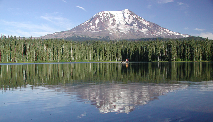 The beautiful view of Mt. Adams with the steeply descending Adams glacier from the western shore of Takhlakh Lake......August 2006.